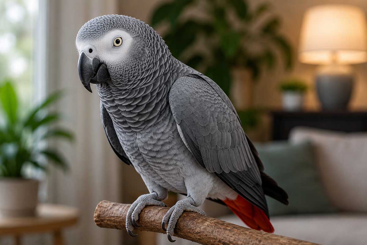 Gris du Gabon au plumage gris et à la queue rouge vif posé sur une branche