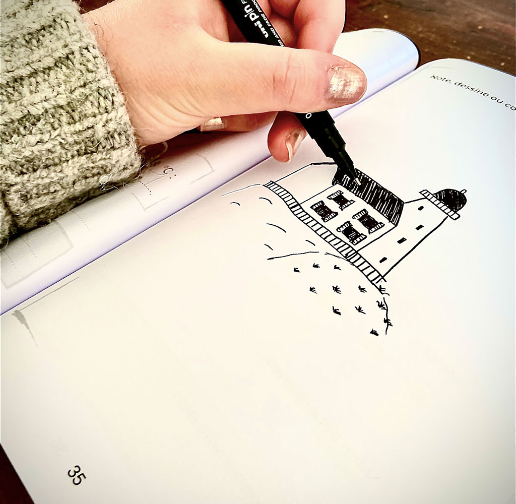 Carnet de voyage ouvert avec croquis à l'aquarelle, notes manuscrites et tickets collés