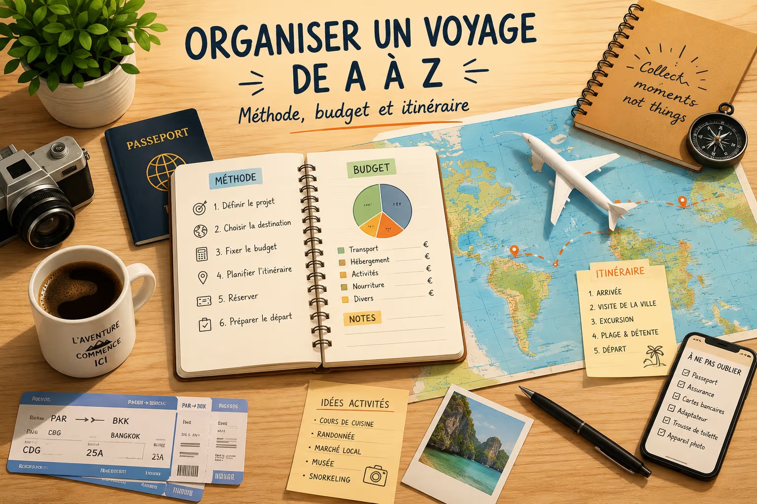 Carnet de comptes et billets posés sur une table pour préparer un budget voyage