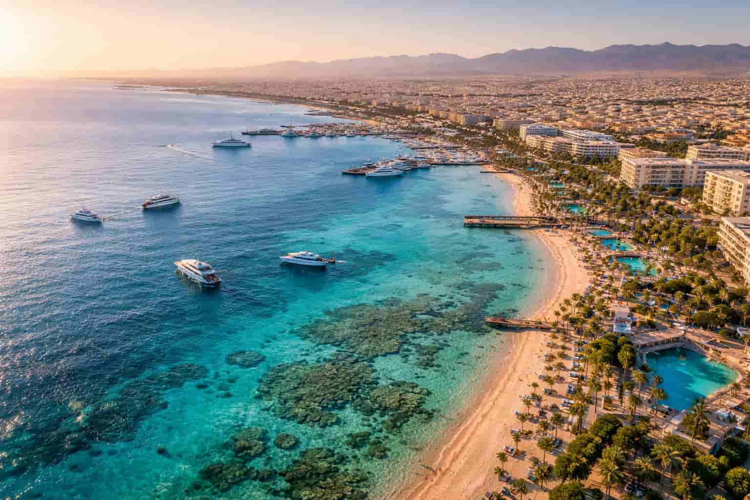 Vue du port de Hurghada avec ses bateaux amarrés et les immeubles de la ville au bord de la mer Rouge