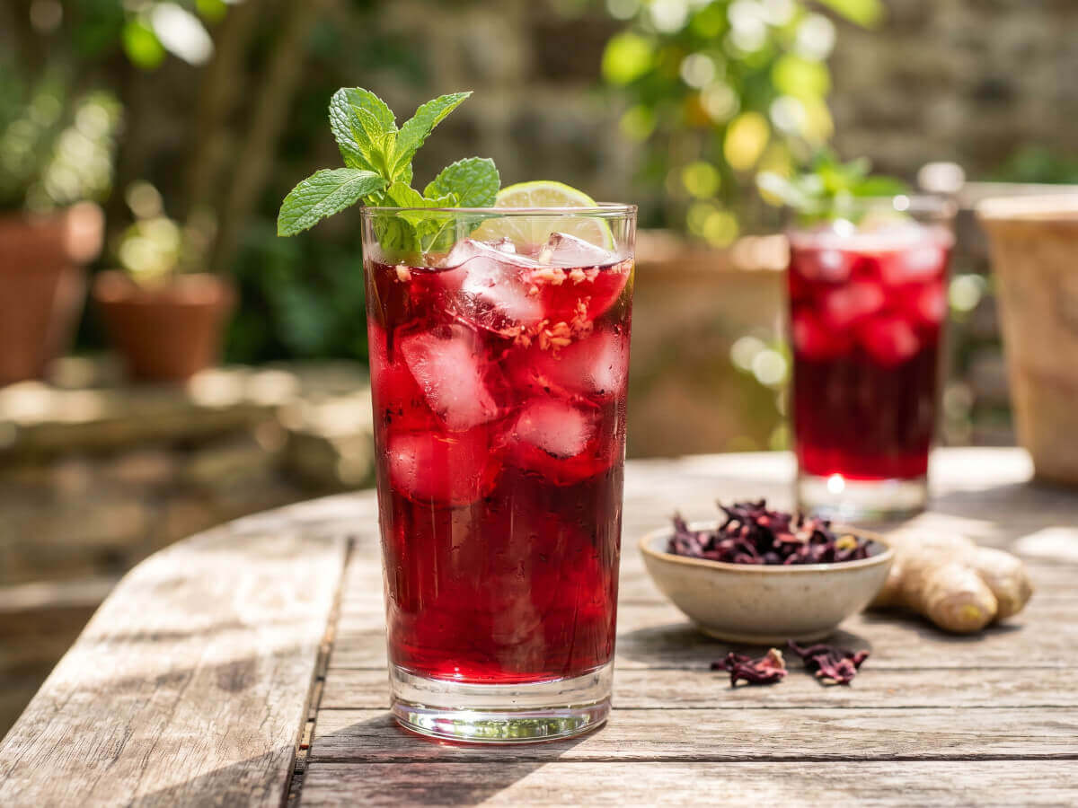 Carafe de jus de bissap rouge avec fleurs d'hibiscus séchées et feuilles de menthe